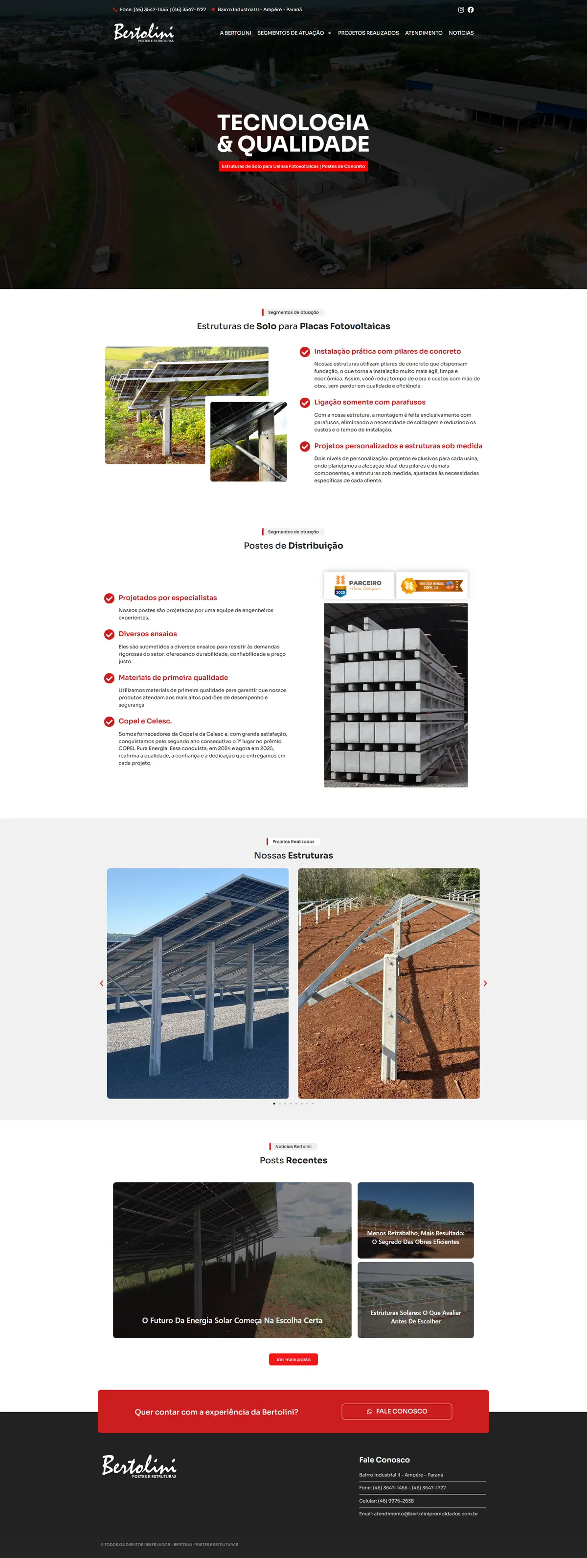 Página inteira do site da Bertolini Postes e Estruturas, do hero aéreo da fábrica até o rodapé