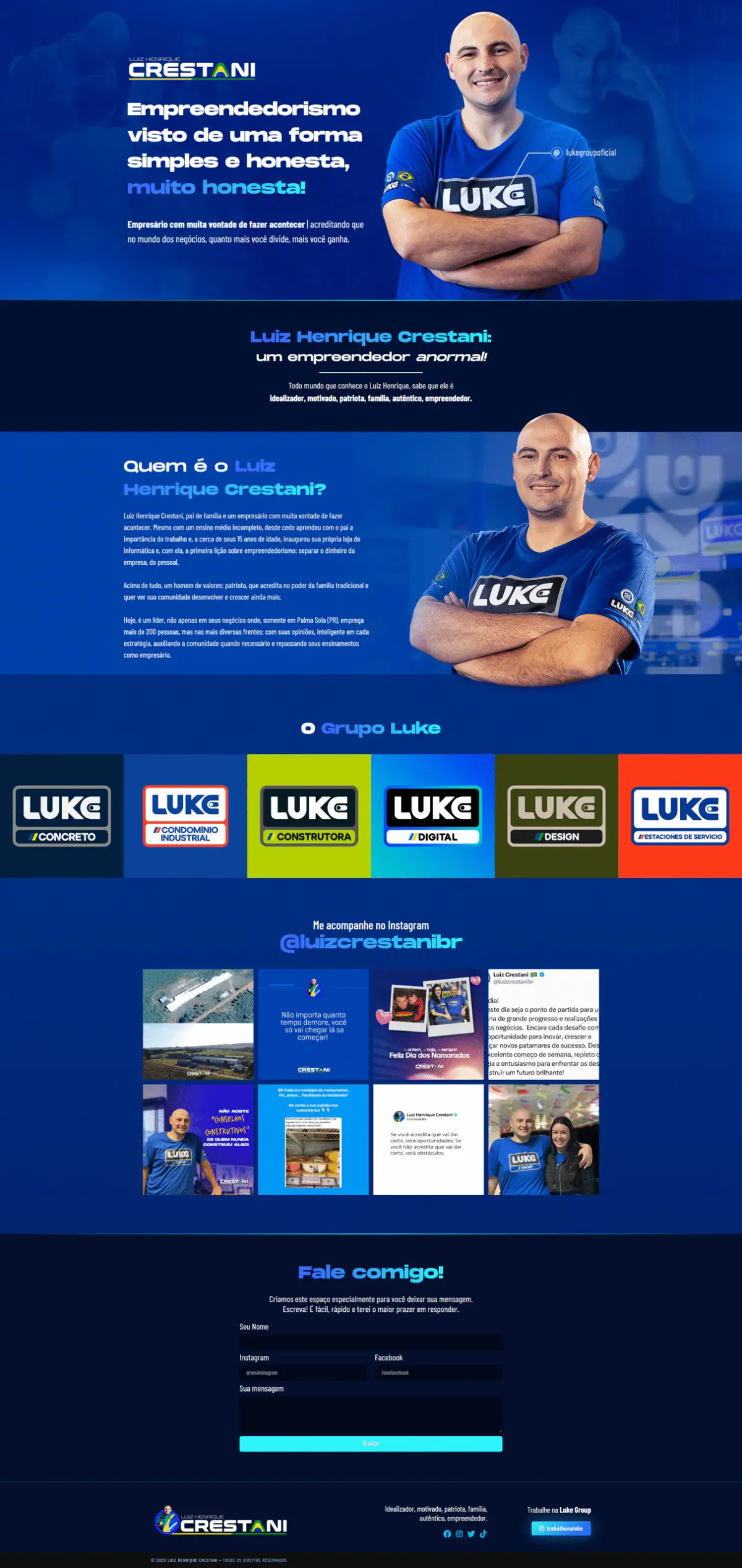 Página inteira da landing page do Luiz Henrique Crestani, do hero azul até o formulário de contato