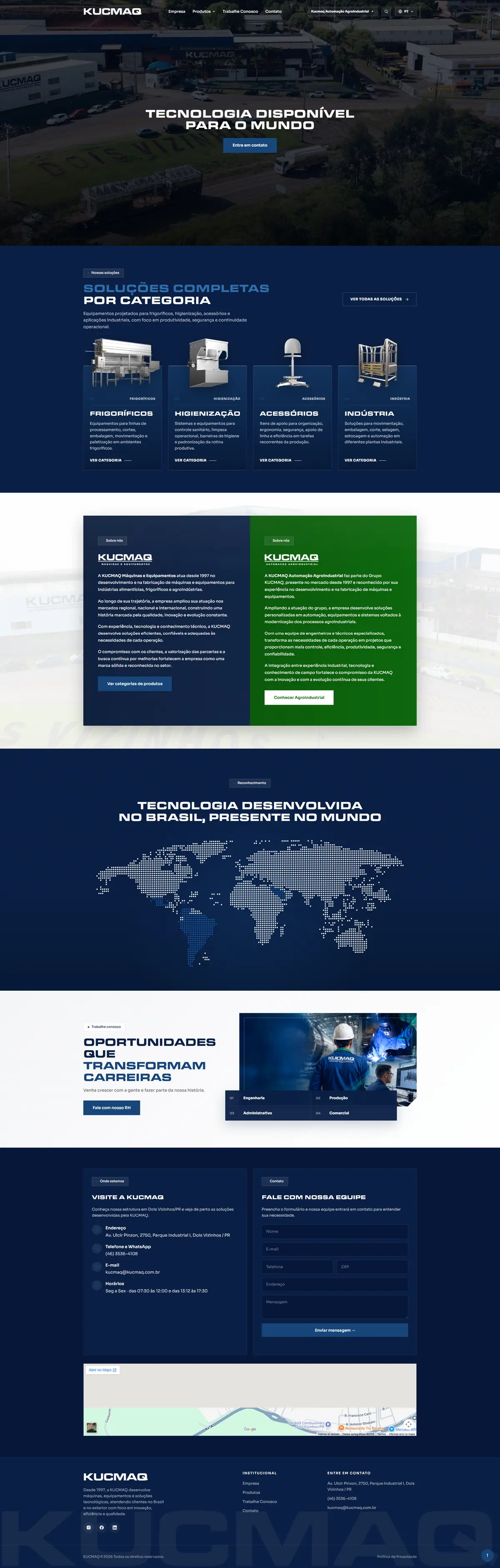 Página inteira do site do Grupo KUCMAQ, do hero em vídeo da fábrica até o mapa e o rodapé