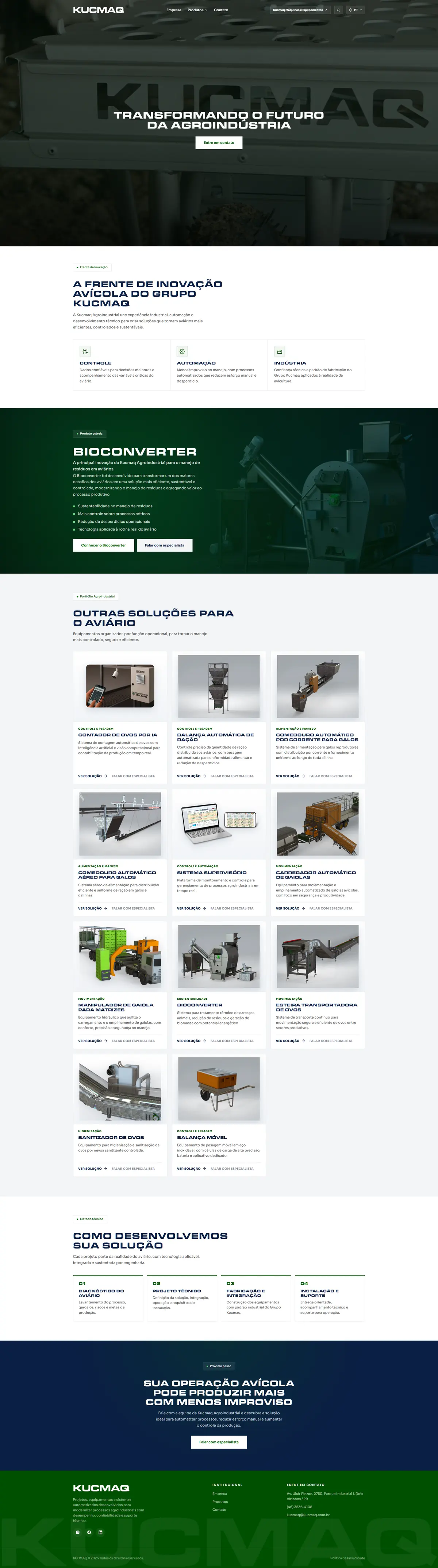 Página inteira do site KUCMAQ Automação Agroindustrial: hero em vídeo, destaque do Bioconverter, grade de onze soluções para aviário e as quatro etapas do atendimento