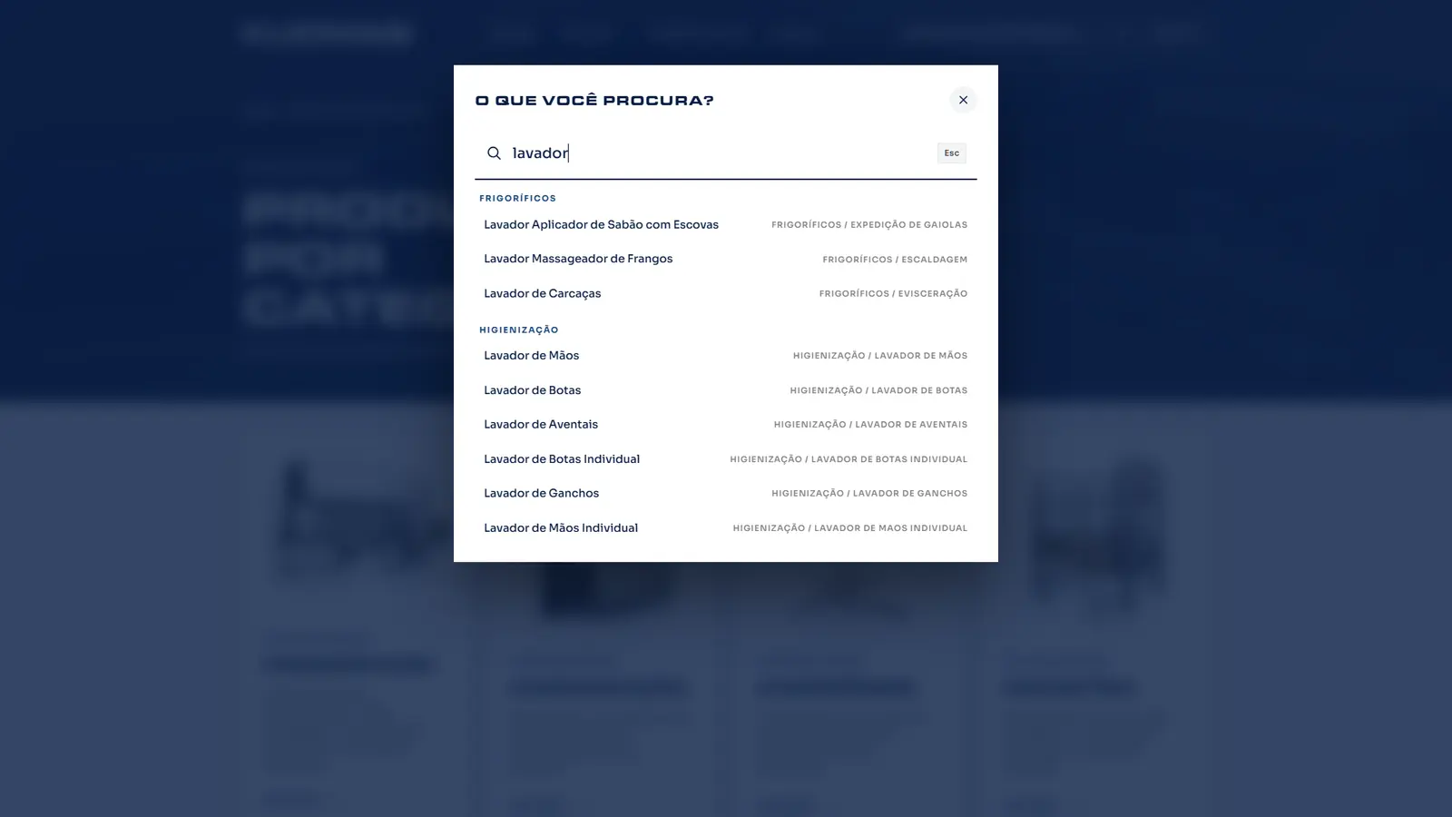 Painel de busca do site KUCMAQ com a palavra lavador digitada e os resultados agrupados por linha, cada um mostrando a etapa da produção a que pertence